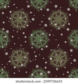 Seamless seasonal winter pattern with round abstract mandalas and snowflakes. Christmas design. On dark background.