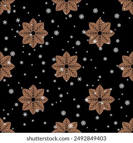 Seamless seasonal winter pattern with silhouetted snowflakes. 