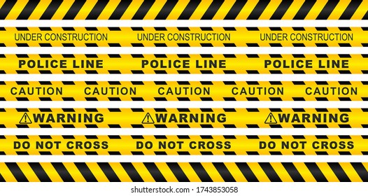 Seamless security yellow black diagonal stripes. Safety danger ribbon signs.Warn Caution symbol. Under construction, do not cross, police line, warning. Isolated on white background.