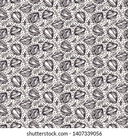 Seamless seedod pvector pattern. Modern stylized hand drawn flower blooms. Repeating floral tileable background. Ornamental tossed ink drawing seeds. Monochrome surface design textile, all over print.