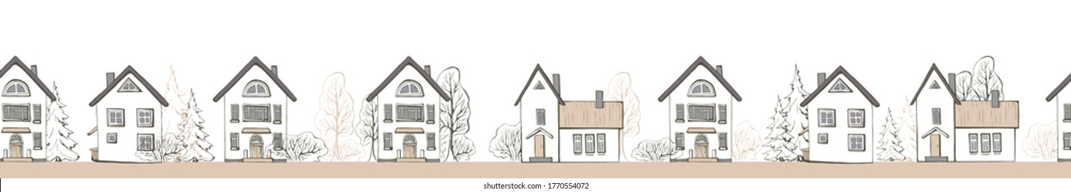 Seamless sepia pastel scandinavia house faсades  street on white background with graphic trees.  Graphic cityscape border horizontal. Hand drawn vector  illustration isolated. Nordic style.