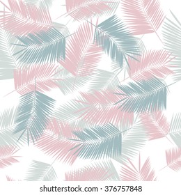 Seamless serenity blue and rose quarts repeat tender pattern with palm leaves 