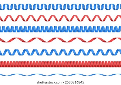 Seamless serpentine borders. Festive ribbons. Curved lines. Holiday decorations. Confetti spirals. Anniversary strings. Birthday accessories. Festive and events design