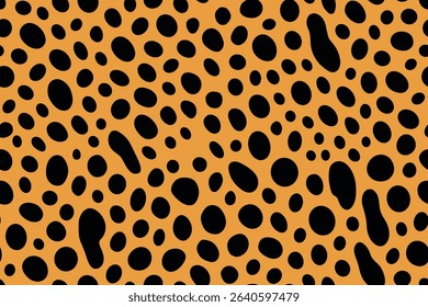 Seamless serval fur pattern featuring scattered irregular black spots on vibrant orange background.
