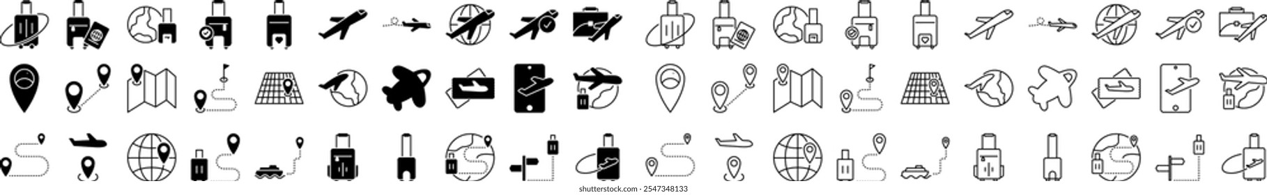 A seamless set of black and white travel-themed icons, featuring luggage, airplanes, passports, maps, location pins, and transportation elements. Perfect for travel guides, apps, or web design.