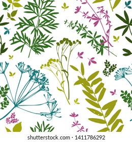 Seamless set of botanical elements silhouettes. Branches with leaves, herbs, wild plants, trees. Garden and forest collection of leaves and grass. Vector illustration on white background 