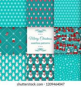 Seamless set of Christmas patterns on green-vector illustration. Christmas tree, snowman, sets of snowflakes, gifts, toys.
