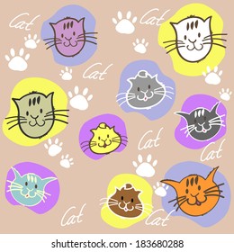 Seamless set different colors cats with inscription and paw prints. Vector illustration.