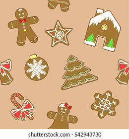 Seamless set of different ginger breads. man, Christmas tree, bell, star, snow falke, candy cane, house. Vector illustrated Christmas treats collection. Flat design style. Seamless background pattern