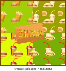 Seamless set fast food background patterns with hamburger, potato fries, drink, hot dog. Vector illustration.  Decorative elements for your packaging design.
