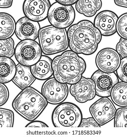 Seamless set of five buttons. Apparel print design. Scratch board imitation. Black and white hand drawn image. Engraving vector illustration