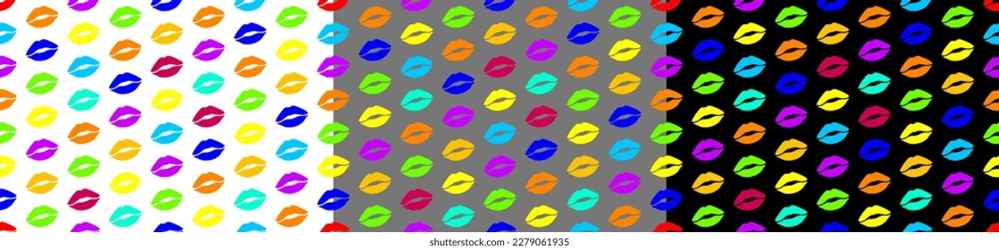 Seamless set glamorous pattern with colorful lips for wrapping paper, cover design, cards, flyer, poster, print. Multicolor ornament. Glamor luxury background for design.