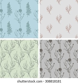 Seamless set hand draw summer pattern with herbs and wildflowers. Suitable for paper, wallpaper, textile. Herbal vintage background.