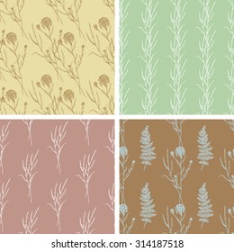 Seamless set hand draw summer pattern with herbs and wildflowers. Suitable for paper, wallpaper, textile. Herbal vintage background.