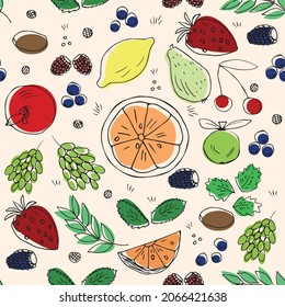  seamless set of hand-drawn cute colorful fruits and berries in the style of doodles for conceptual design. vector illustration isolated on a white background. orange, lemon, grape, raspberry, cherry