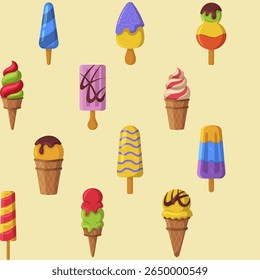 seamless set of ice cream in various cups, on a stick, popsicle on a beige background, close-up.The design element