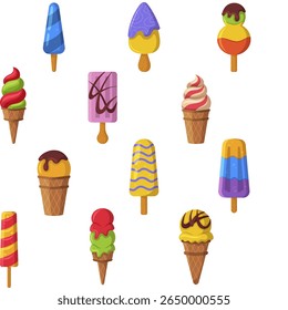 seamless set of ice cream in various cups, on a stick, popsicle on a white background, close-up.The design element
