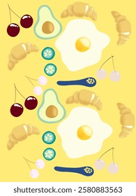 Seamless set icon food and fruit textured like egg, croissant, avocado, red and white cherry on pastel yellow high quality wrapping background and wallpaper