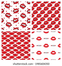 Seamless set Lip and Kiss pattern on white background. Vector illustration