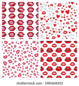 Seamless set Lip and Kiss pattern on white background. Vector illustration