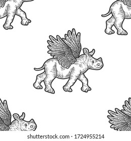 Seamless set. Little rhino with wings. Apparel print design. Scratch board imitation. Black and white hand drawn image.