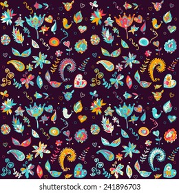 Seamless set multicolored retro flower pattern. Vector