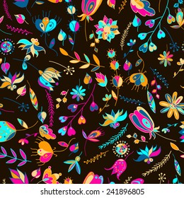 Seamless set multicolored retro flower pattern. Vector