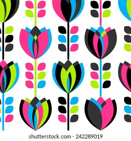 Seamless set multicolored retro flower pattern. Vector