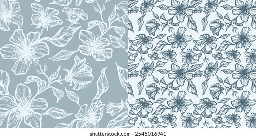 Conjunto sin fisuras de tinta delicada de tendencia Vector floral lacónico lineal hecho a mano dibujo de tinta para el diseño de la tela, decoración, cerámica, tarjetas de felicitación, flores sobre fondos claros y oscuros