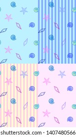 Seamless set of pattern for printing with sea stars and seashell elements
