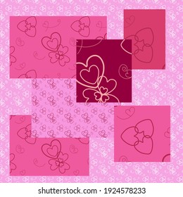 seamless set of patterns of hearts and flowers from hearts on different shades of pink, burgundy with close-up and shallow plan with burgundy and white contour for modern products of textile and paper