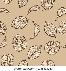 Seamless set rose, lily and monstera leaf, isolated plant. Sketch scratch board imitation. Beige color background. Engraving vector illustration.