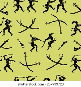 Seamless set with silhouettes of fighting asian warriors and swords on green background