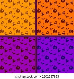 Seamless set of simple patterns with cute and funny doodle silhouettes on different backgrounds. Evil pumpkin, jack-o-lantern, black cat, bat, vampire cat, hat. Festive postcard design, packaging