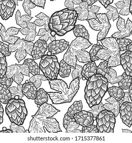 Seamless set. Sprig of blooming hops and leaves. Scratch board imitation. Black and white hand drawn image. Engraving vector illustration