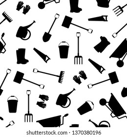 Seamless set of tools for gardening. Gardening collection. Icon silhouette. Background for design
