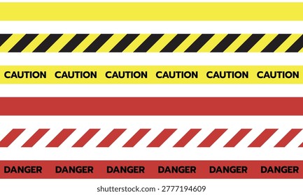 Seamless set of yellow caution and red danger warning tapes with stripes. Vector illustration of safety barrier ribbons for construction, police, and hazardous restricted areas.