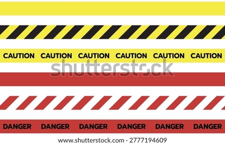 Seamless set of yellow caution and red danger warning tapes with stripes. Vector illustration of safety barrier ribbons for construction, police, and hazardous restricted areas.