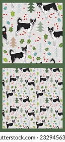 Seamless setter dogs pattern, winter Happy Christmas texture.Square format, t-shirt, poster, packaging, textile, socks, textile, fabric, decoration, wrapping paper.Trendy hand-drawn Canaan dog breed.