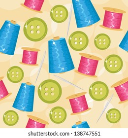 Seamless sewing background with knits, buttons and needles