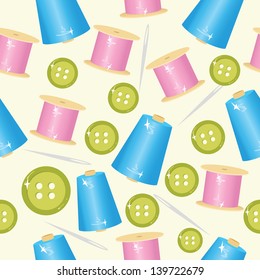 Seamless sewing background with knits, buttons and needles