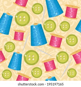 Seamless sewing background with knits, buttons and needles