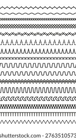 Seamless sewing elements. Embroidery seams seamless pattern. Overlock fabric stitches. Set of vector machine thread sew brushes. Line border isolated on white background. Graphic illustration.