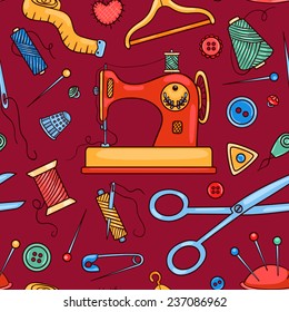 Seamless sewing pattern red. Vector cartoon background.
