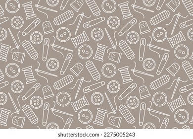 seamless sewing pattern with thimble, safety pins, buttons, needle and thread icons - vector illustration