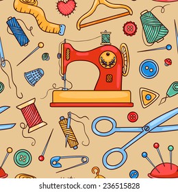 Seamless sewing pattern. Vector cartoon background.