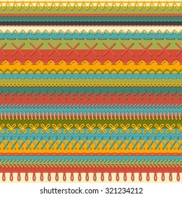 Seamless sewing pattern. Vector high detailed stitches and seams on textile background. Boundless background.