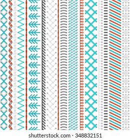 Seamless sewing pattern. Vector high detailed stitches and seams on white background. Boundless background.