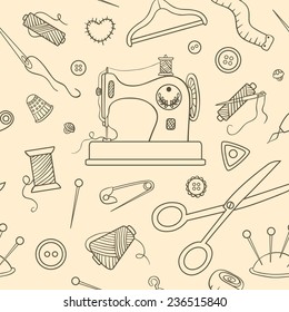 Seamless sewing sketch pattern. Vector cartoon background.