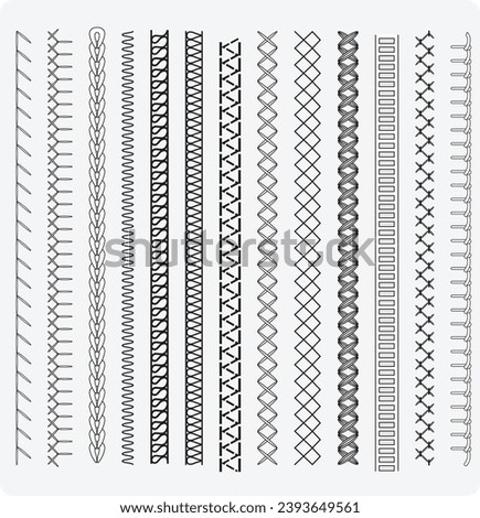 Seamless sewing stitch brush vector illustrator set, different types of machine stitch brush pattern for fasteners, dresses garments, bags, Fashion illustration, Clothing and Accessories Foto stock © 